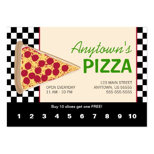 Pizza Slice & Black Checkerboard Pizza Loyalty Business Cards (front side)