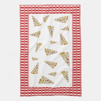 Pizza Slices Red Checkered Border Tea Towel