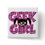 Plaid Geek Girl with Graphic Pinback Buttons