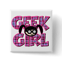 Plaid Geek Girl with Graphic Pinback Buttons