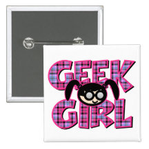 Plaid Geek Girl with Graphic Pinback Buttons