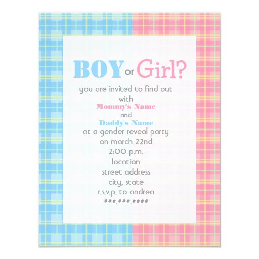Plaid Gender Reveal Party Invitation (front side)