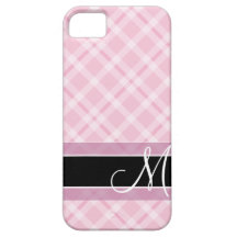 Plaid Pattern with Monogram - black white pink iPhone 5 Cases
