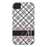 Plaid Pattern with Monogram - black white pink iPhone 4 Covers