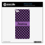 This iPhone skin can be CUSTOMIZED by YOU.Simply click on the "Customize It " button right below the products image. From there you will be able to add text, change the font, font color, move the text around and add images of your own Have fun creating your one of a kind product. Plaid Purple/Black iPhone 4/4S Skin