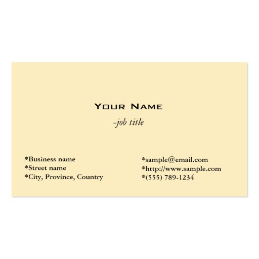 plain, light yellow business card. (front side)