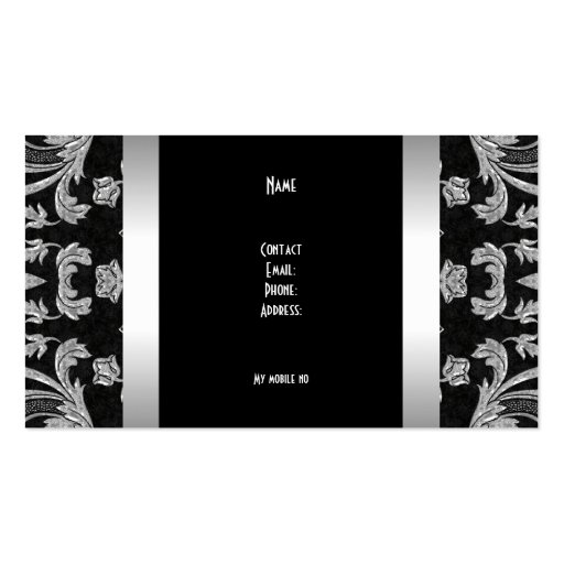 Plain Simple Silver Black Floral Damask 2 Business Card Template (back side)