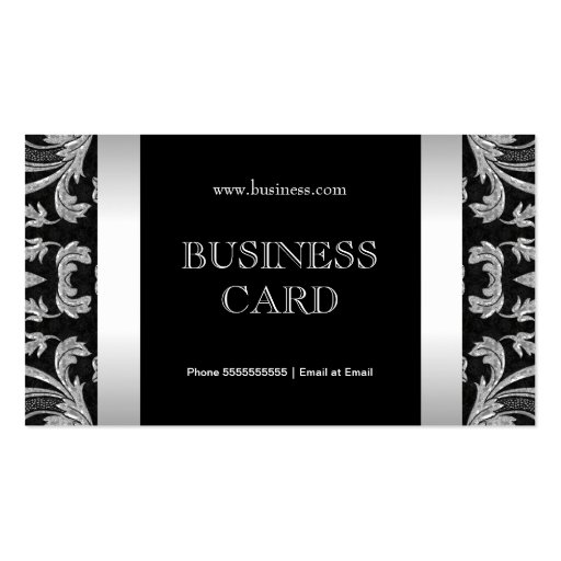 Plain Simple Silver Black Floral Damask 2 Business Card Template (front side)
