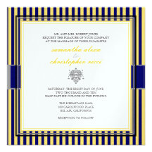 Plain yellow+navy blue stripes wedding invitations