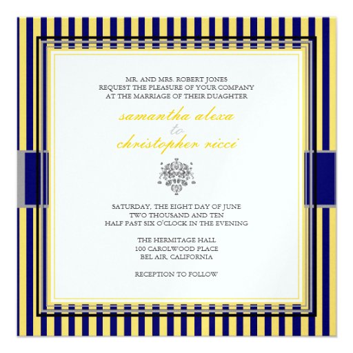 Plain yellow+navy blue stripes wedding invitations