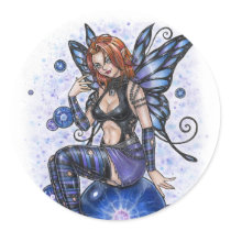 fairy, fairies, fae, faeries, elf, pinup, gothic, goth, dark, plasma, ball, blue, purple, fetish, redhead, red, head, butterfly, butterlies, wings, wing, bubble, sexy, art, painting, fantasy, zerick, delphine, levesque, demers, emo, punk, woman, girl, lady, anime, Sticker with custom graphic design