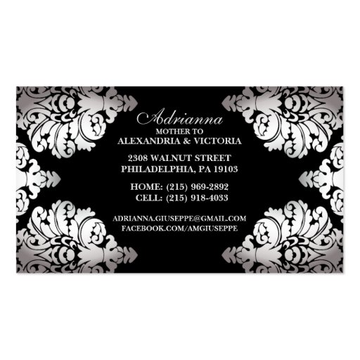 Platinum & Black Lush Damask Mommy Calling Card / Business Card Templates (back side)