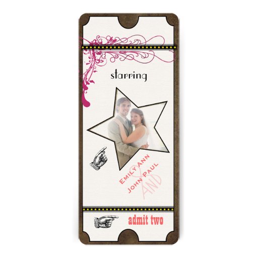 Playbill Ticket Wedding Raspberry Coral and Yellow Custom Invitation