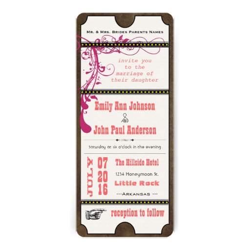 Playbill Ticket Wedding Raspberry Coral and Yellow Custom Invitation (front side)