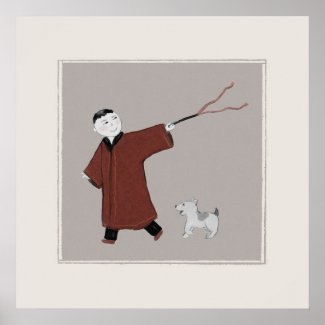 Playful Asian Boy and His Dog Poster Print