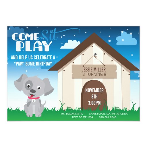 Playful Dog or Puppy Birthday Party Invitation 5" X 7" Invitation Card