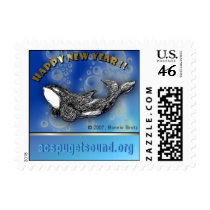 Playful orca New Years postage stamp