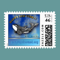 Playful orca New Years postage stamp