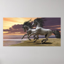 unicorn, horses, magic, fantasy, fairytale, tale, fable, creature, horn, myth, mythology, mare, stallion, equine, equus, steed, animals, mammal, mount, wild, herd, beast, beautiful, beauty, foal, charger, horsepower, colt, prancer, fawn, stag, doe, buck, image, picture, illustration, beach, white, sunset, Cartaz/impressão com design gráfico personalizado