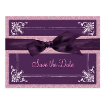 Plum, Amethyst Damask Save the Date Postcard