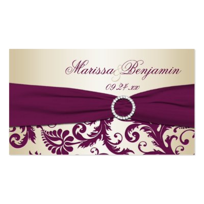 Plum and Champagne Damask Wedding Favor Tag Business Card by NiteOwlStudio