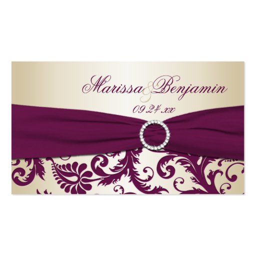 Plum and Champagne Damask Wedding Favor Tag Business Card (front side)