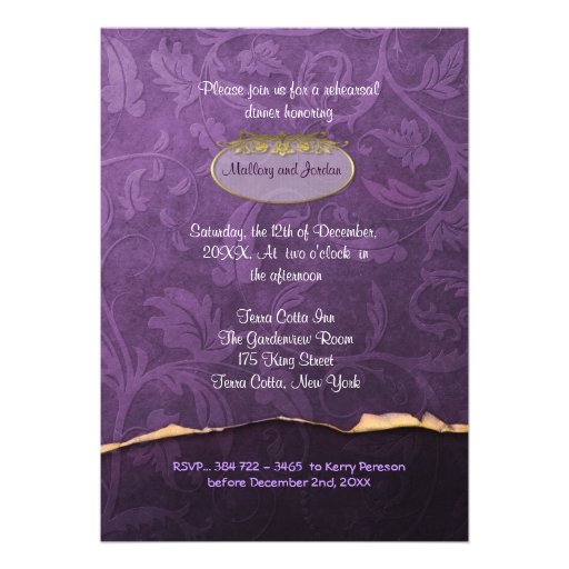 Plum and Gold Damask Rehearsal Dinner Invitation