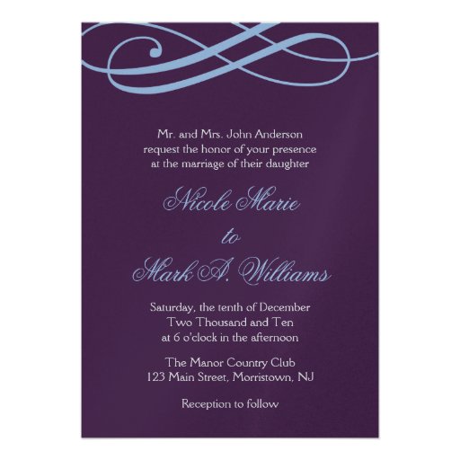 Plum and Powder Blue Swirls Wedding Invitations