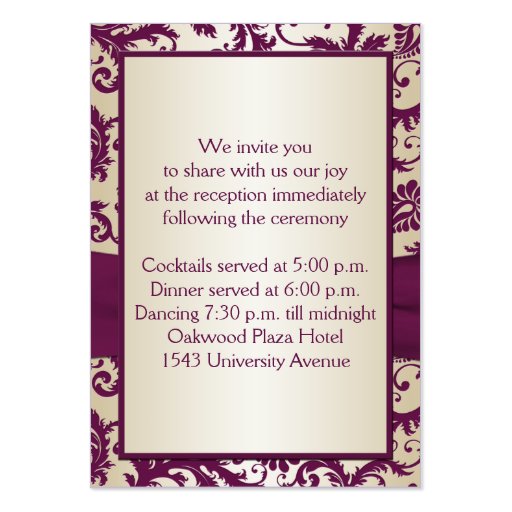 Plum and Taupe Damask Reception Card Business Card Template (back side)