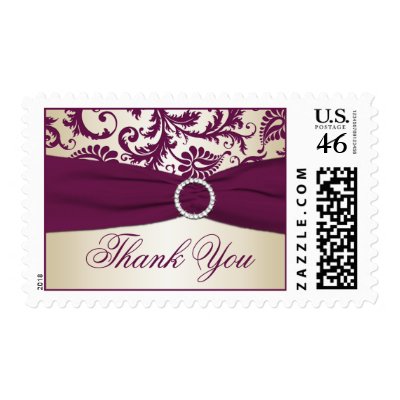 This plum and champagne damask thank you wedding postage matches the wedding