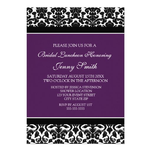 Plum Black Damask Bridal Lunch Invitation Cards