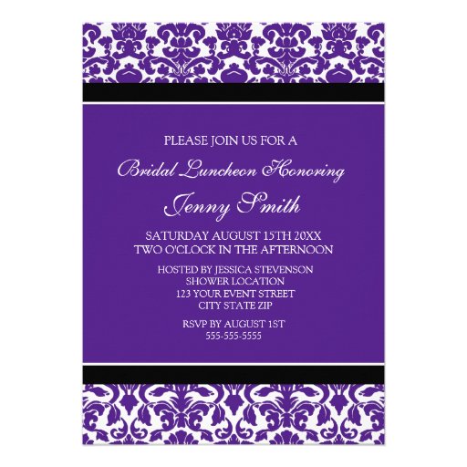 Plum Black Damask Bridal Lunch Invitation Cards
