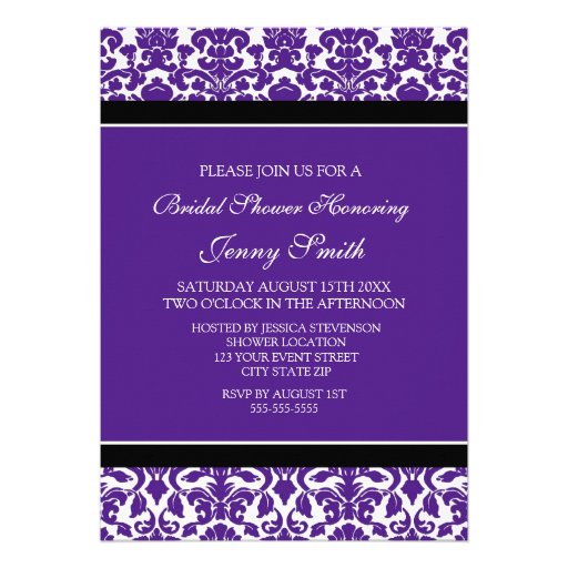 Plum Black Damask Bridal Shower Invitation Cards