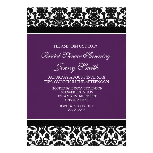 Plum Black Damask Bridal Shower Invitation Cards