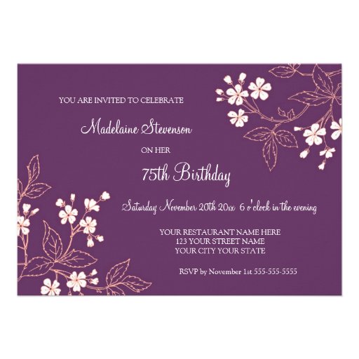 Plum Coral Floral 75th Birthday Party Invitations