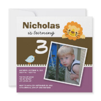 Plum Custom Lion & Birdie Birthday Party Invite invitations