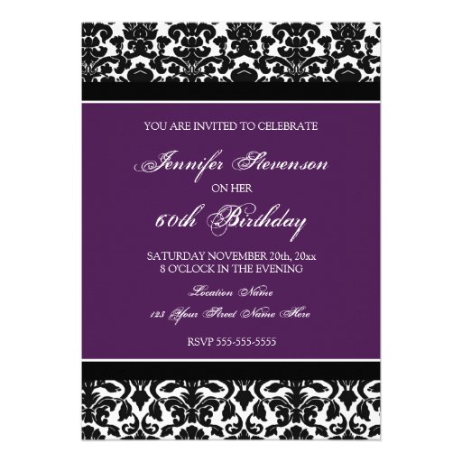 Plum Damask 60th Birthday Party Invitations
