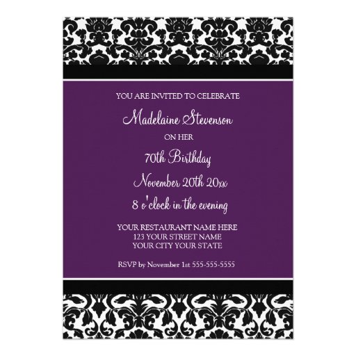 Plum Damask 70th Birthday Party Invitations
