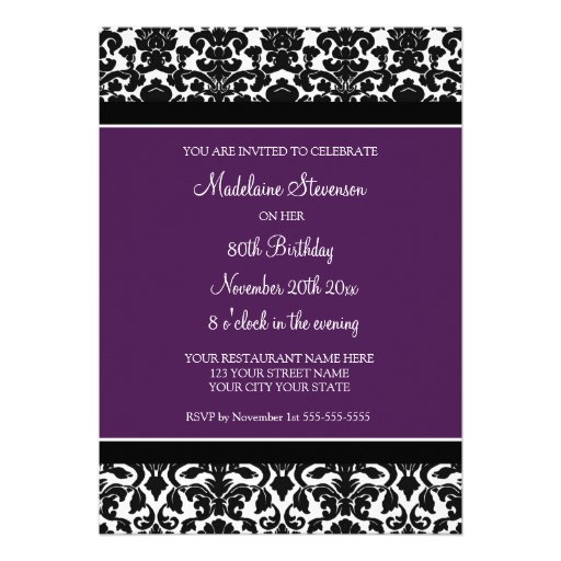 Plum Damask 80th Birthday Party Invitations