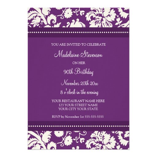 Plum Damask 90th Birthday Party Invitations