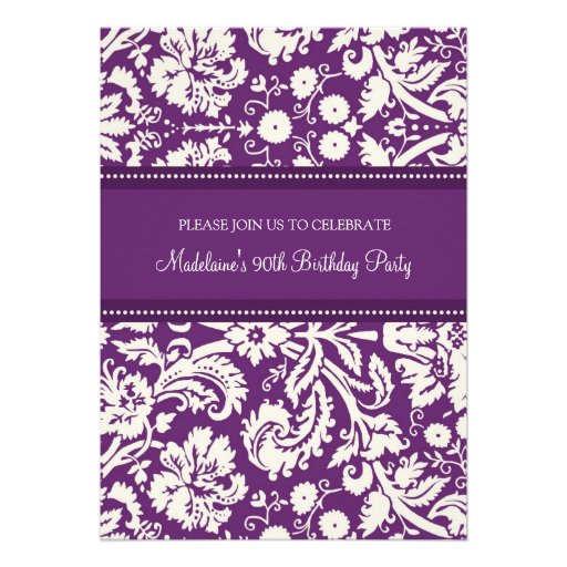 Plum Damask 90th Birthday Party Invitations (front side)
