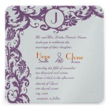 Plum Damask Orange Monogram Wedding Invitation