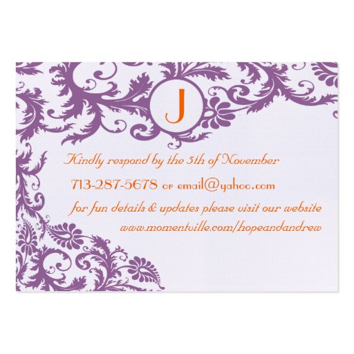 Plum Damask Orange  Response and Website Cards Business Card Template