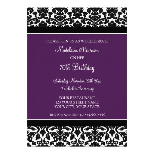 Plum Damask Photo 70th Birthday Party Invitations