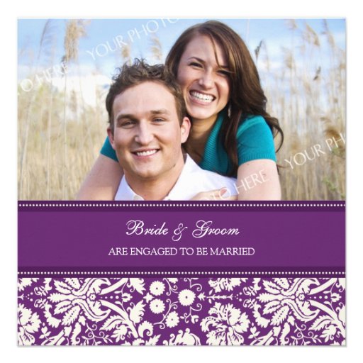 Plum Damask Photo Engagement Party Invitations