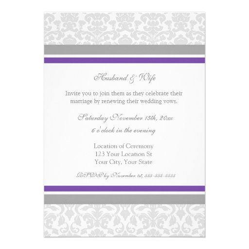Plum Damask Photo Wedding Vow Renewal Invitations