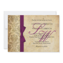 Plum Damask Vintage Bow Wedding Invitation