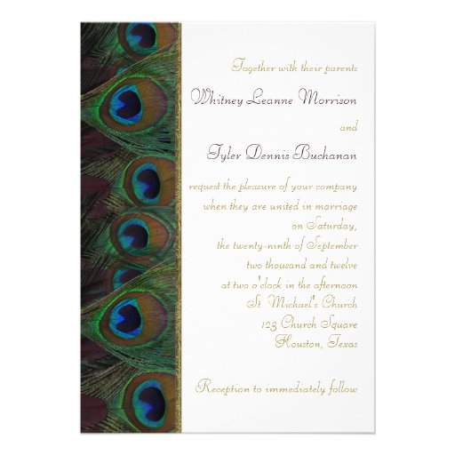 Plum, Gold Peacock Feathers Wedding Invitation