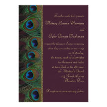 Plum, Gold Peacock Feathers Wedding Invitation