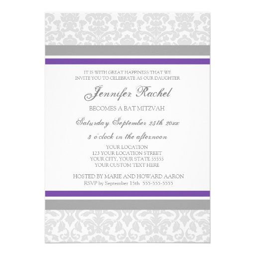 Plum Gray Damask Bat Mitzvah Invitations